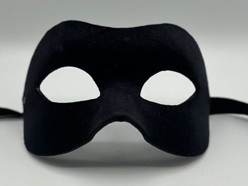 Black mask covered with black velvet. Black masquerade mask for man.