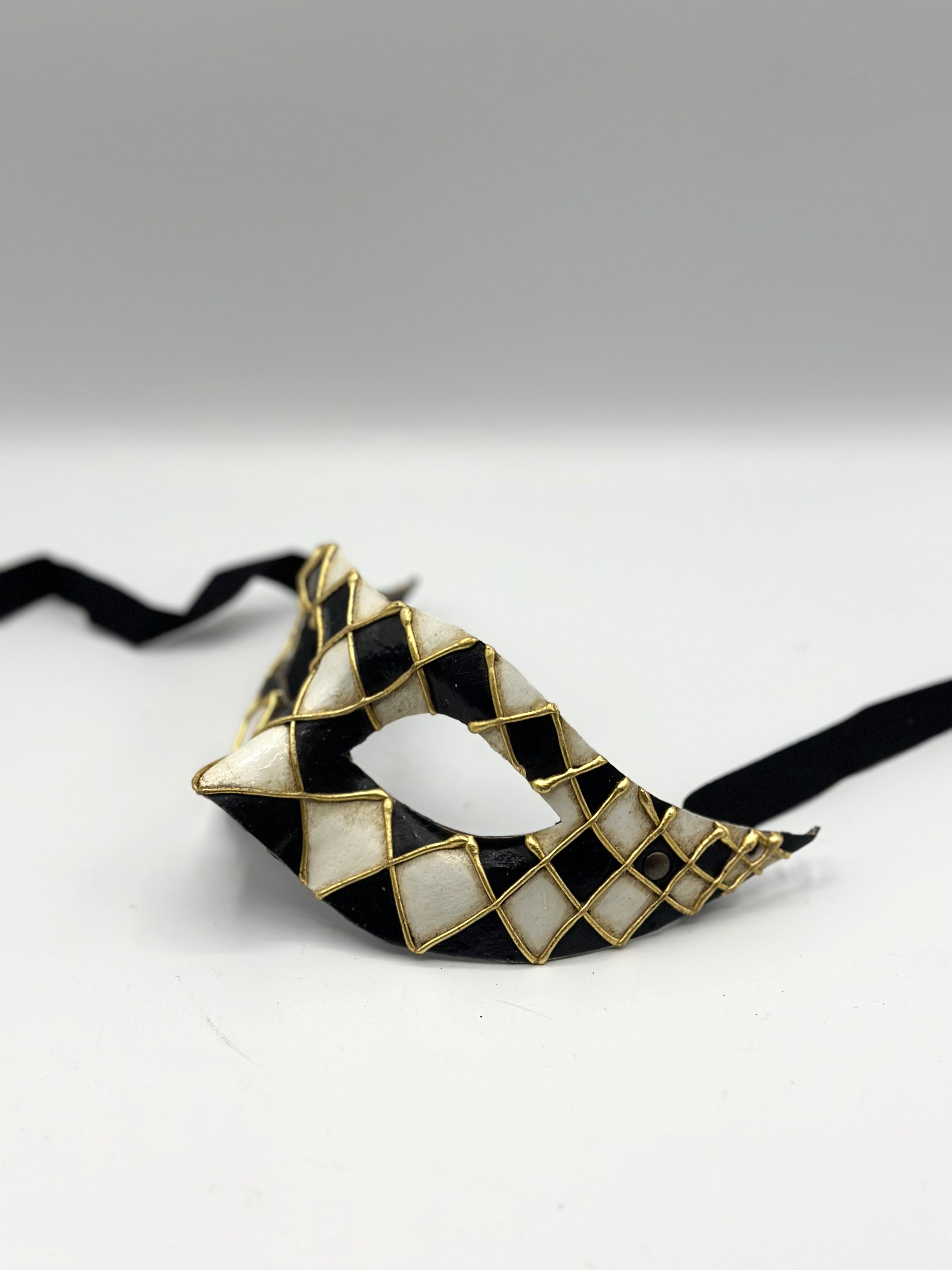 Venetian Harlequin Mask – Black & White with Gold Details – Handmade Papier Mache