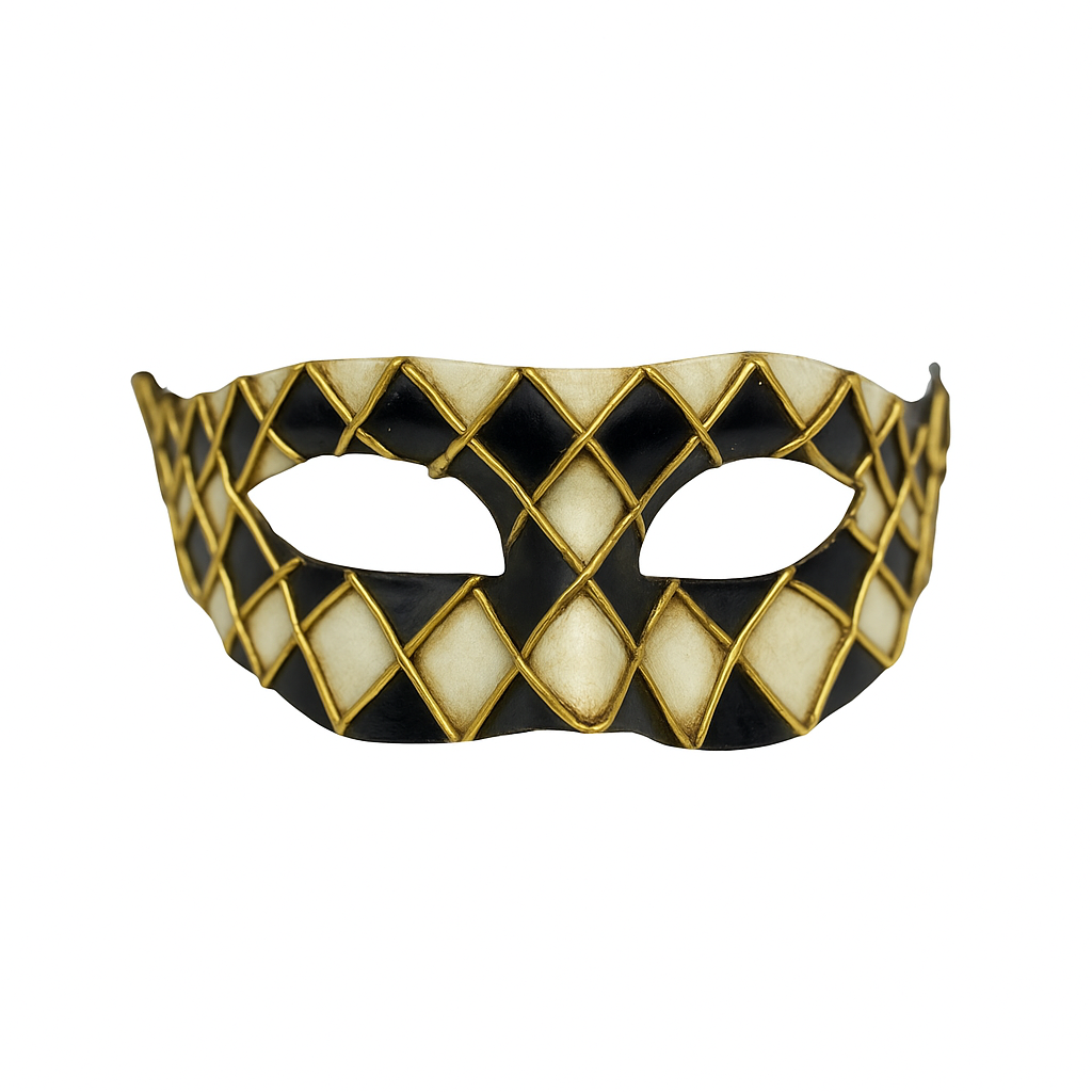 Venetian Harlequin Mask – Black & White with Gold Details – Handmade Papier Mache