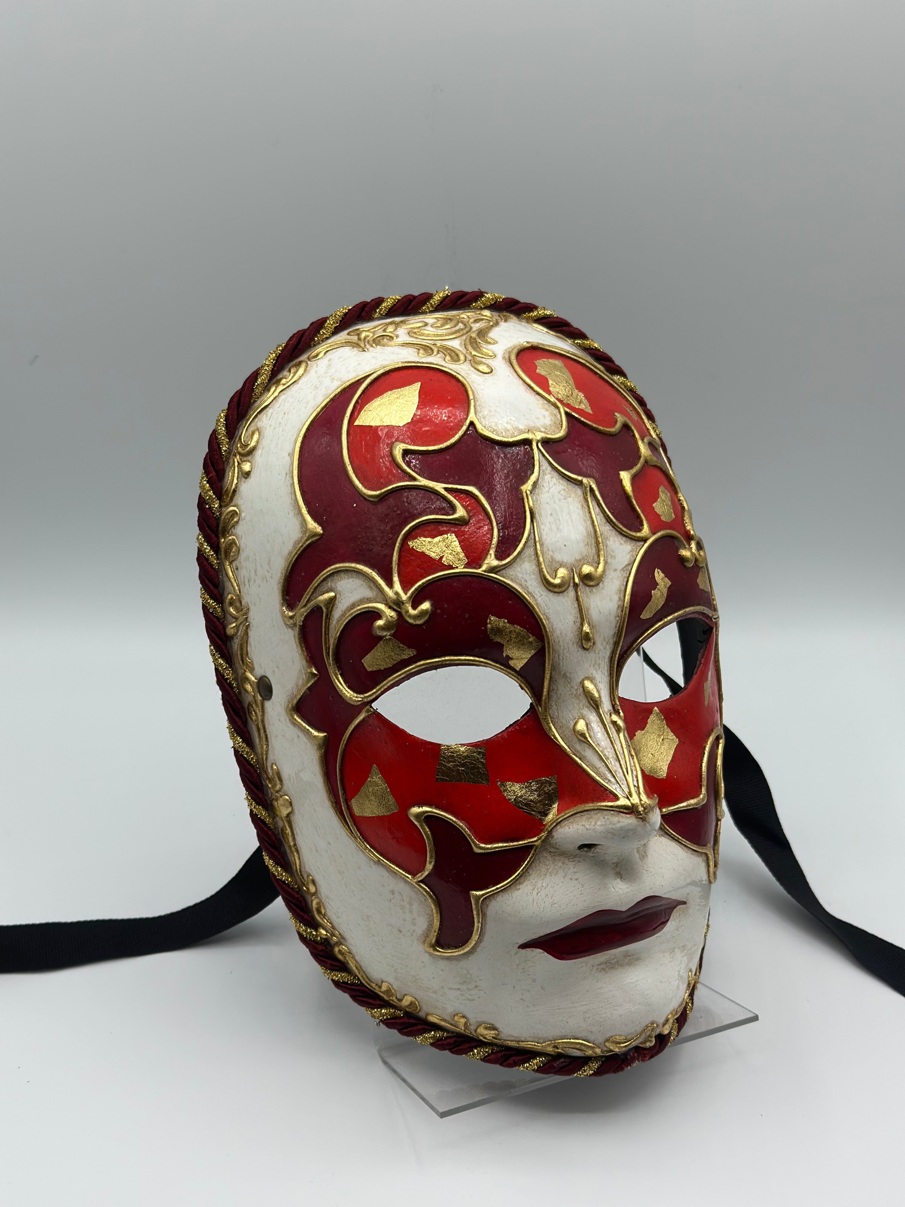 Handmade Venetian Mask – White, Red & Gold – Unique Carnival, Masquerade & Halloween Mask