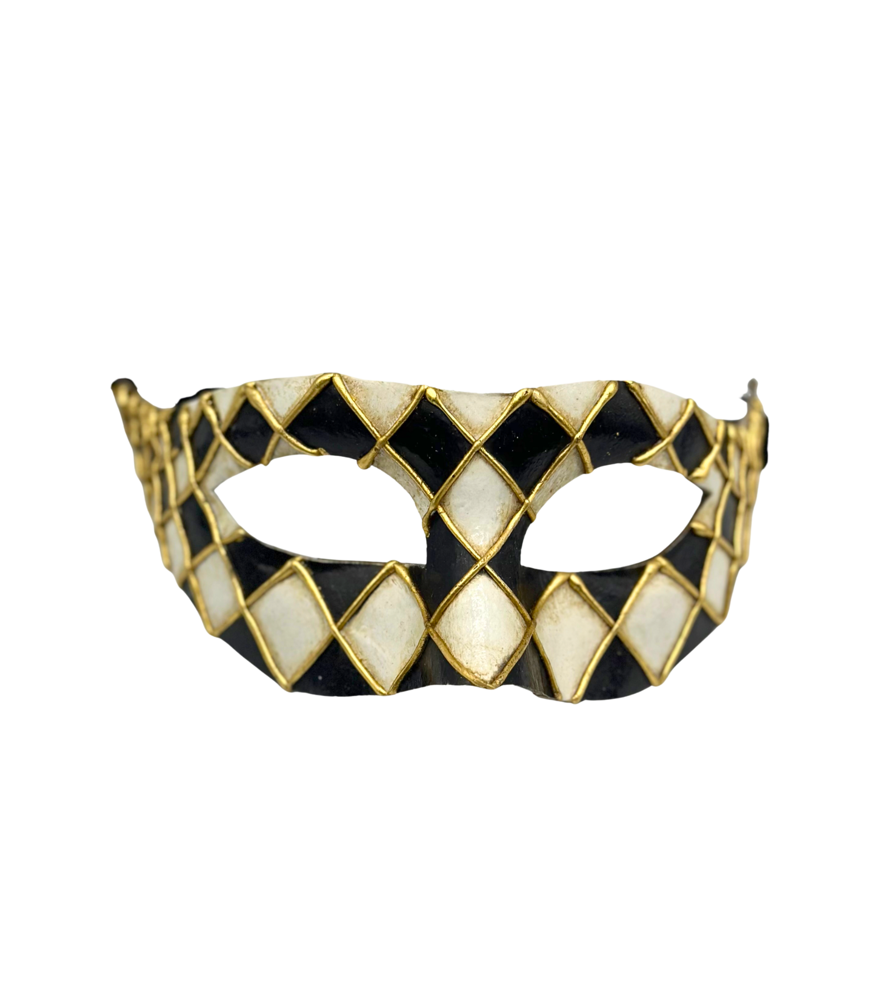 Venetian Harlequin Mask – Black & White with Gold Details – Handmade Papier Mache