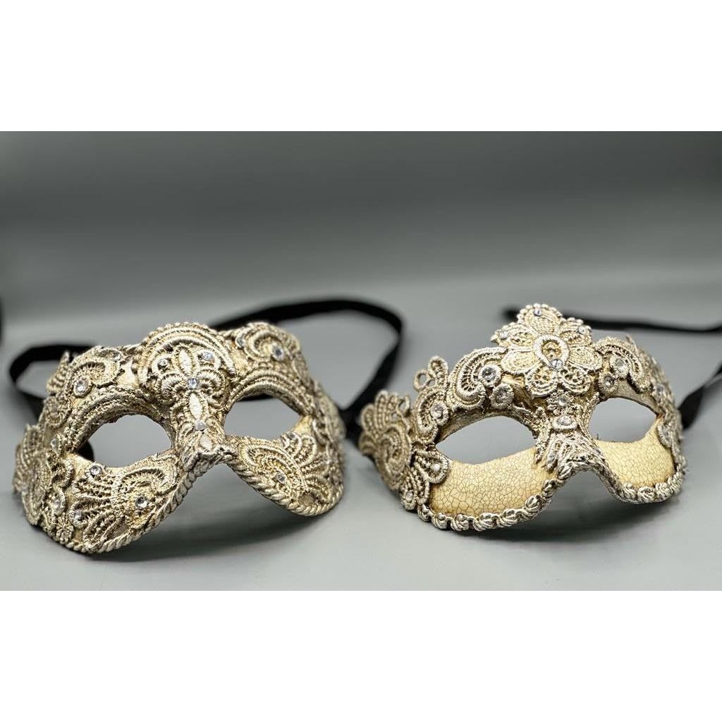 Two luxury Venetian ball masks - man and woman - in silver lace - Couples masquerade mask set