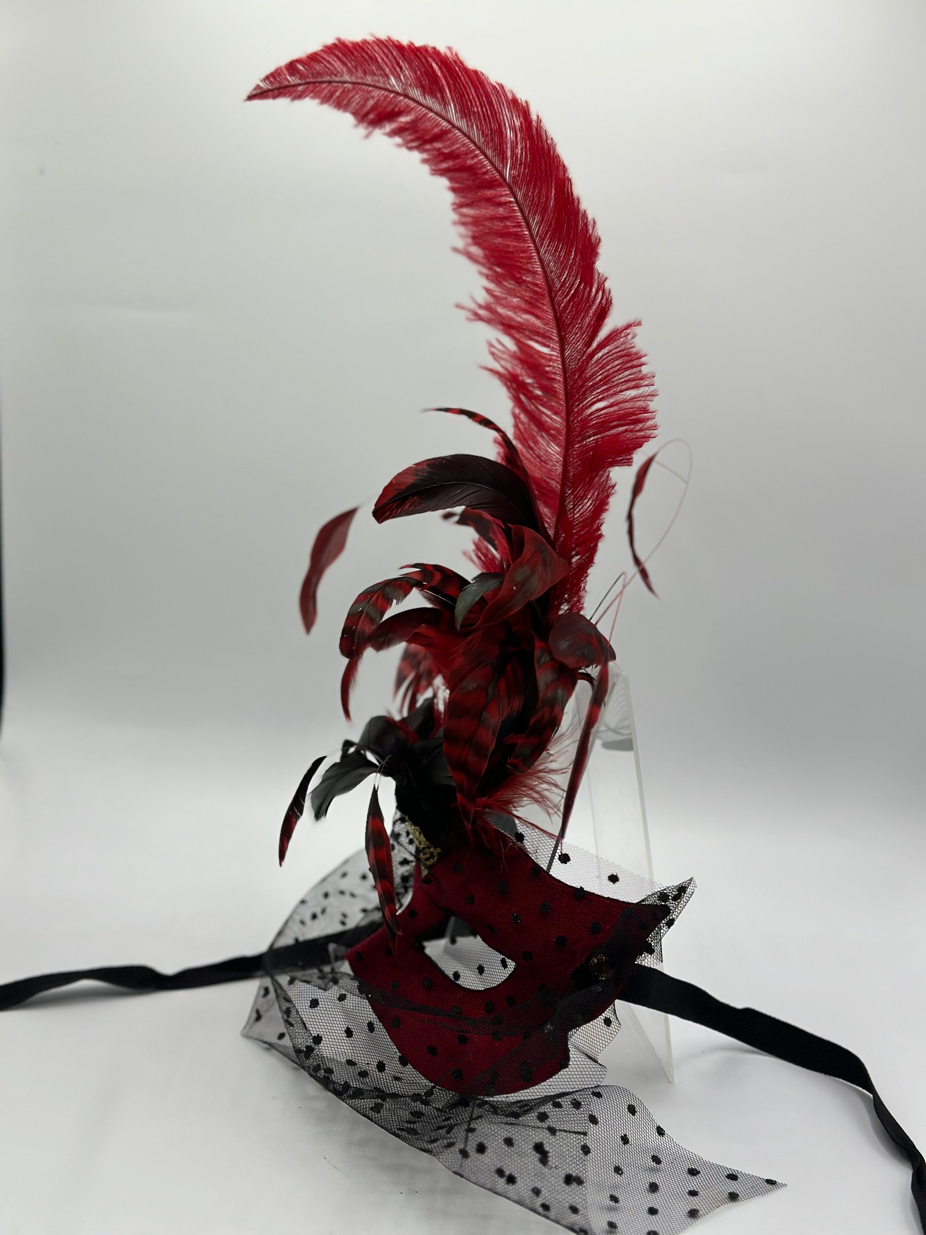 Venetian mask with feathers - Masquerade mask for women - Red Velvet elegant mask