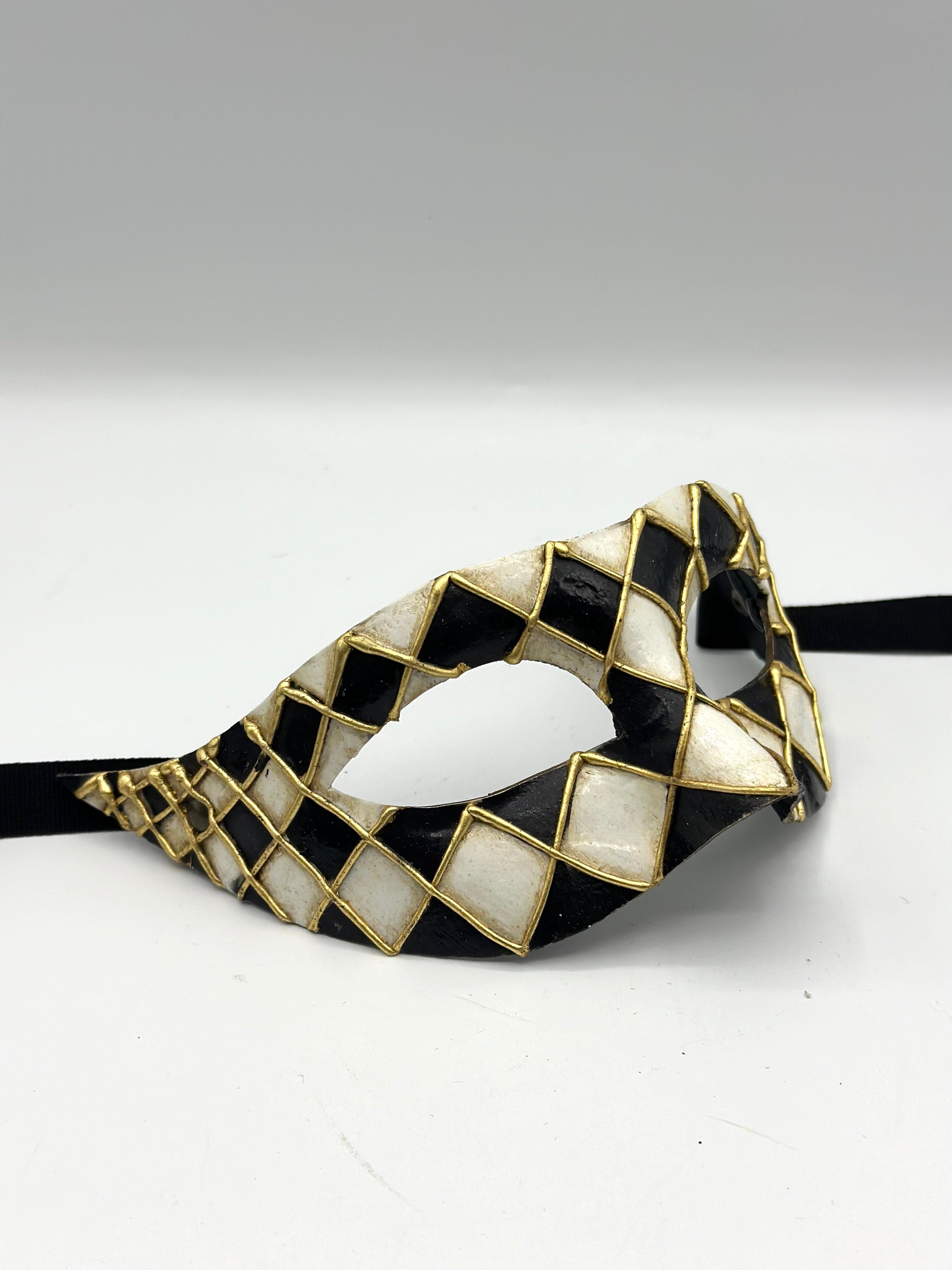 Venetian Harlequin Mask – Black & White with Gold Details – Handmade Papier Mache
