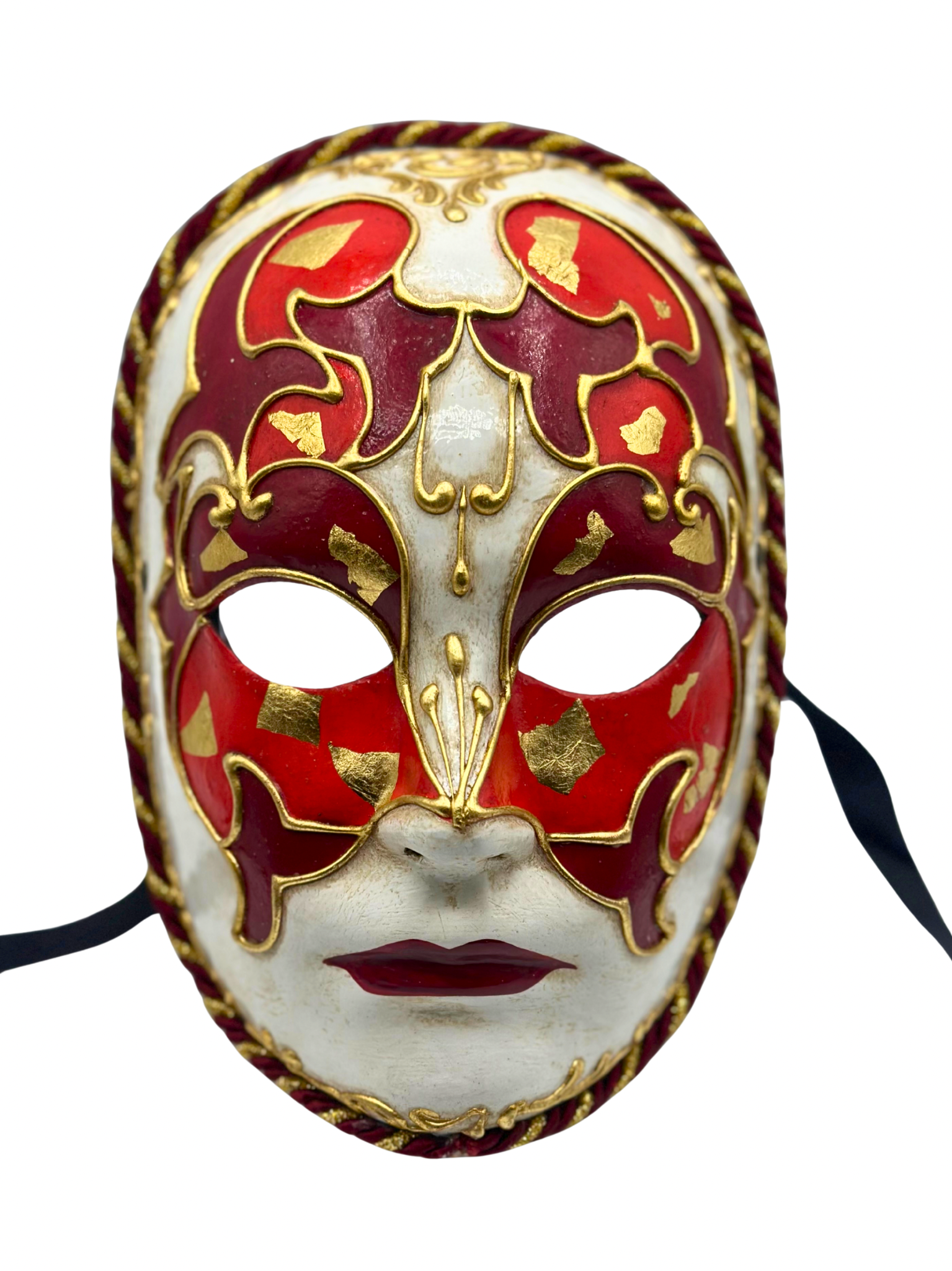 Handmade Venetian Mask – White, Red & Gold – Unique Carnival, Masquerade & Halloween Mask