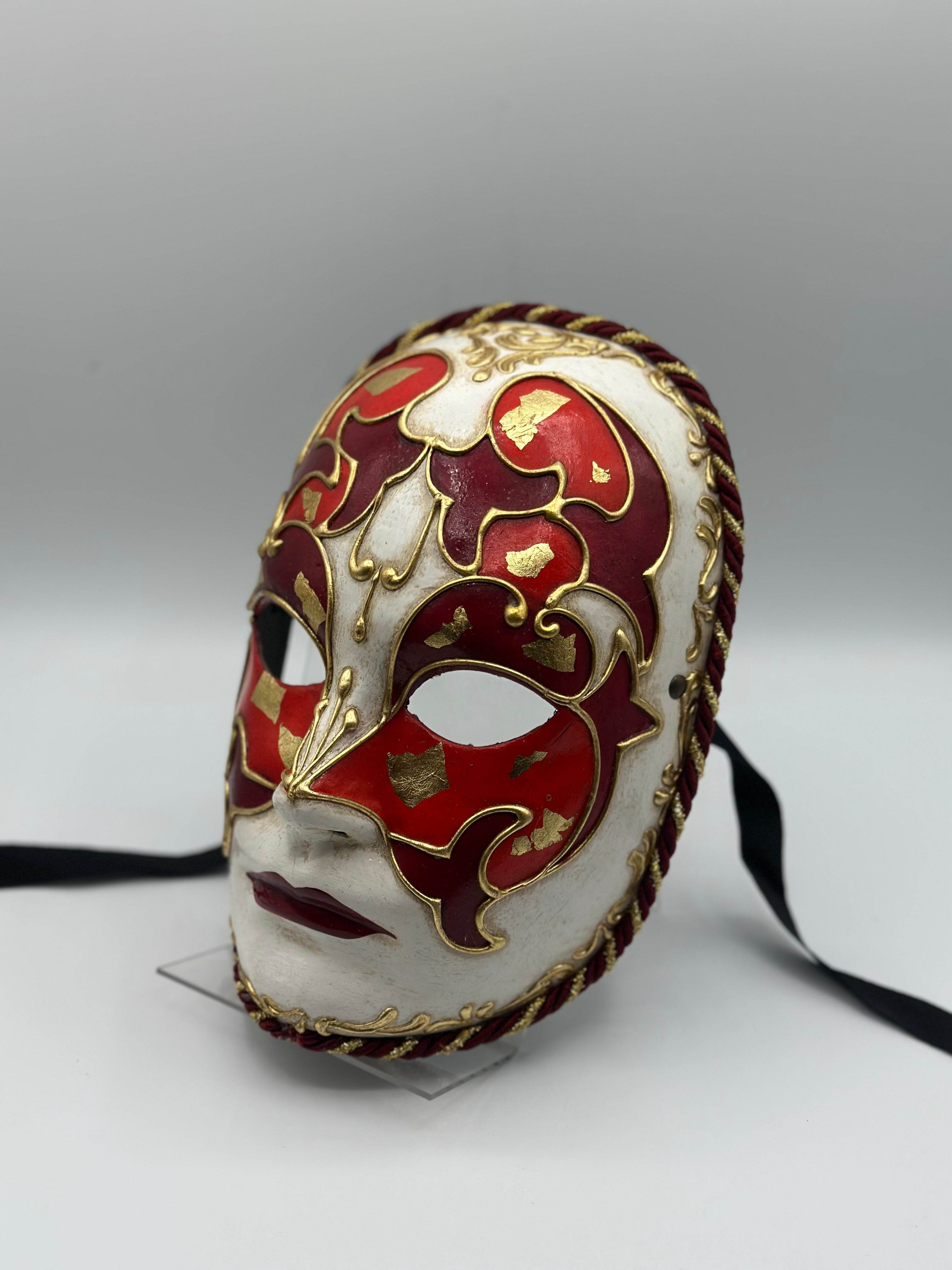 Handmade Venetian Mask – White, Red & Gold – Unique Carnival, Masquerade & Halloween Mask