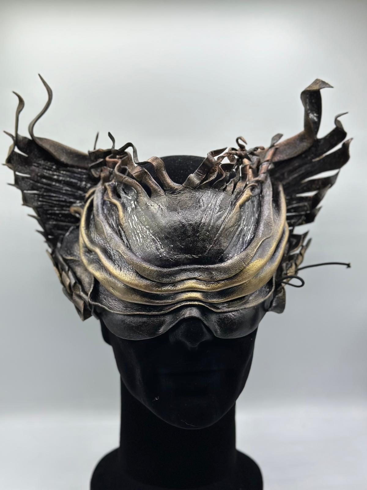 Black leather mask of Némesis: divine justice . With long and inexorable wings . The Greek goddess of revenge. Handcrafted Leather Mask.