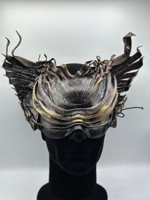 Black leather mask of Némesis: divine justice . With long and inexorable wings . The Greek goddess of revenge. Handcrafted Leather Mask.