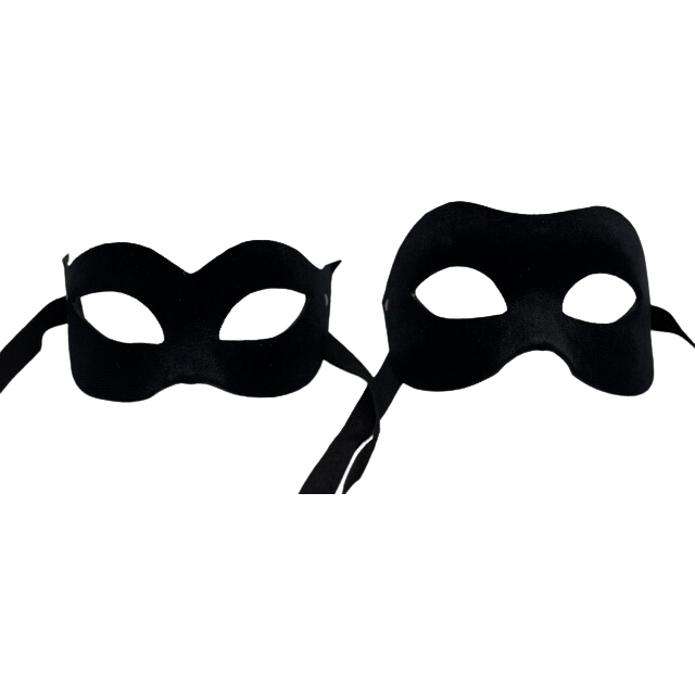 Two Venetian ball masks - man and woman mask - in black velvet. Couple mask black.