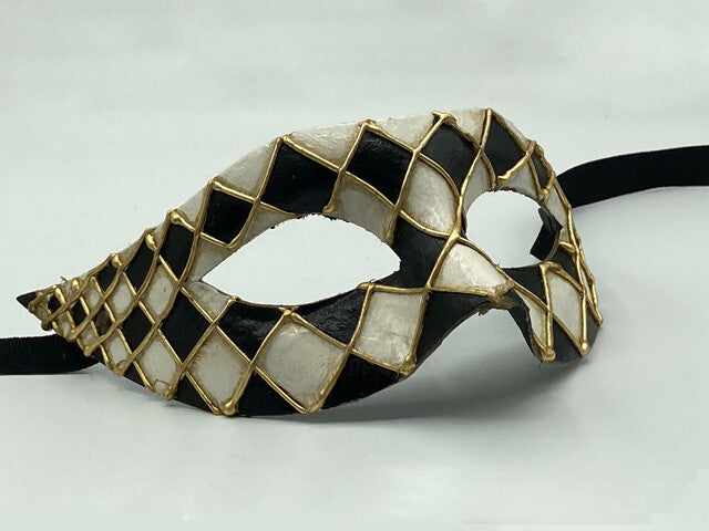 Venetian Harlequin Mask – Black & White with Gold Details – Handmade Papier Mache