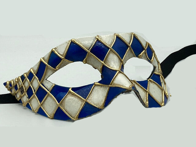 Venetian Harlequin Mask – Blue & White with Gold Details – Handmade Papier Mache