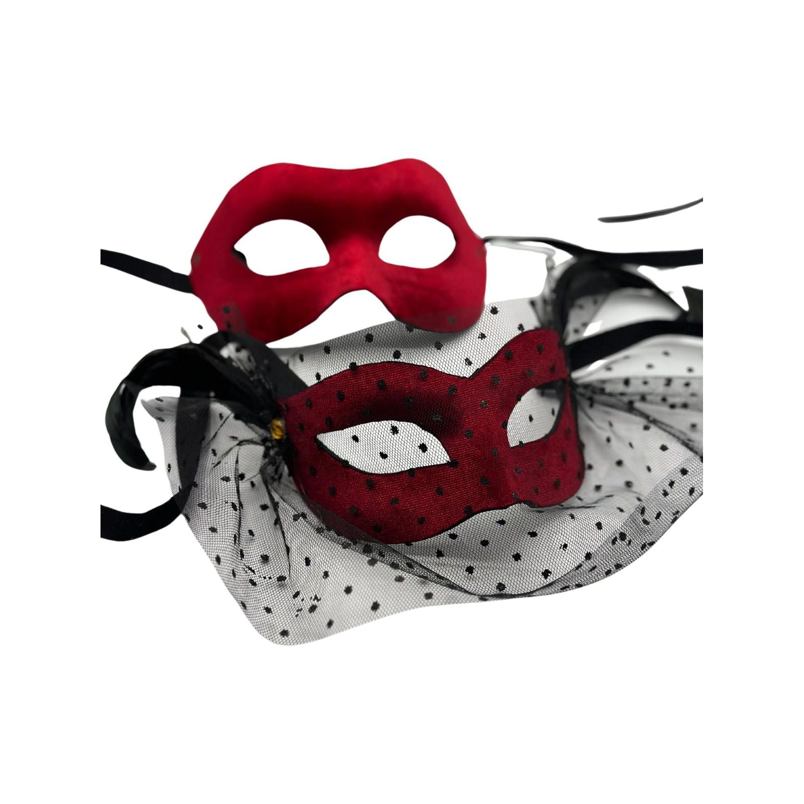 Two Venetian ball masks - man and woman mask - in red velvet. Couple mask red