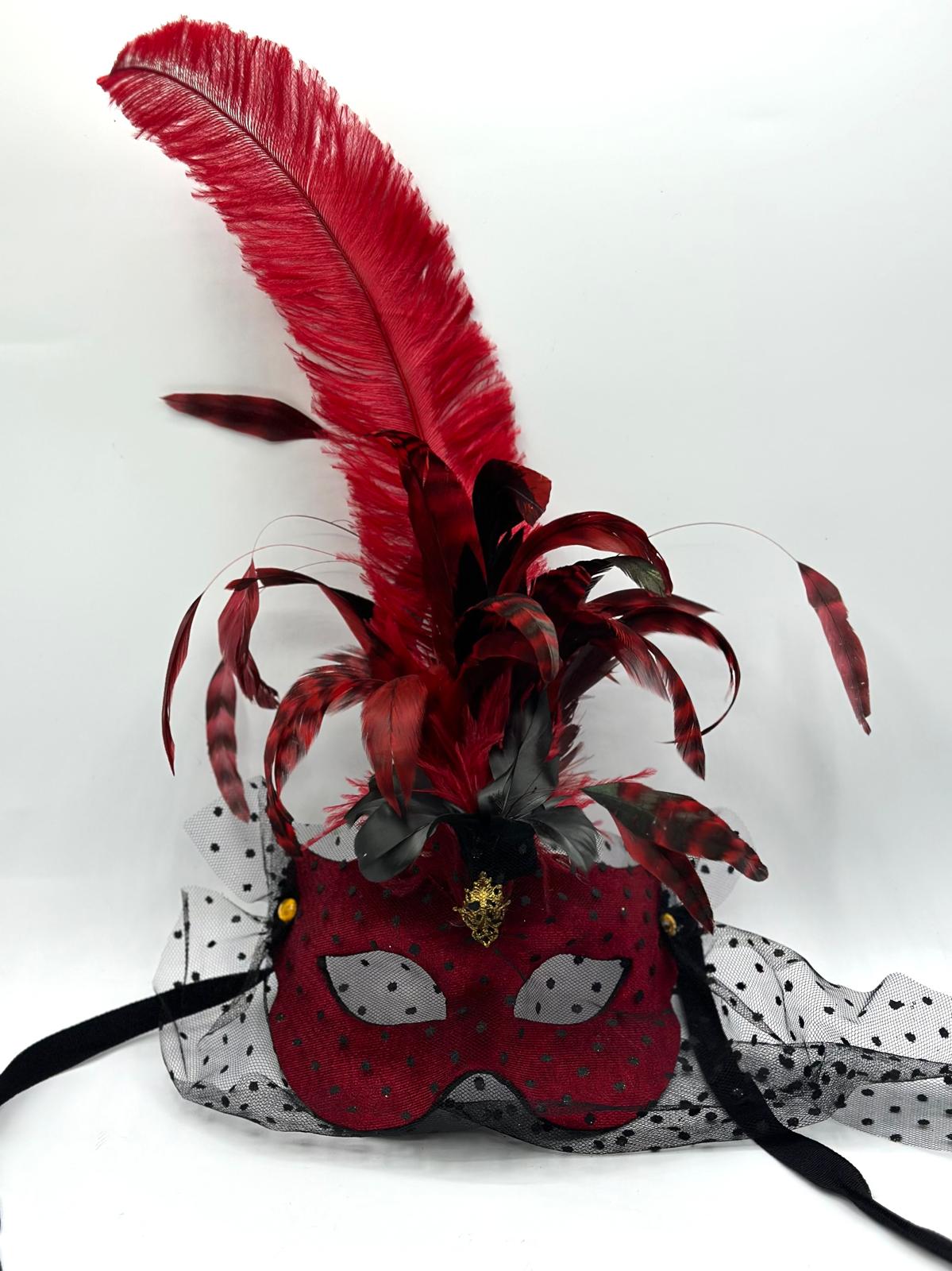 Venetian mask with feathers - Masquerade mask for women - Red Velvet elegant mask